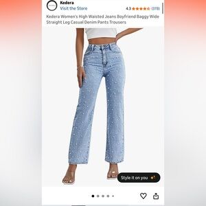 Light Blue Wide Leg Jeans with Pearl Embellishments